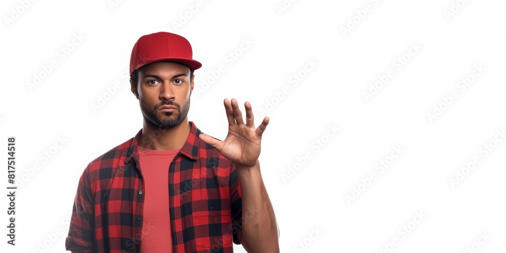 doubtful young american man in red cap and plaid shirt on white background with copy space doubtful young american man in red cap and plaid shirt on white background with copy space