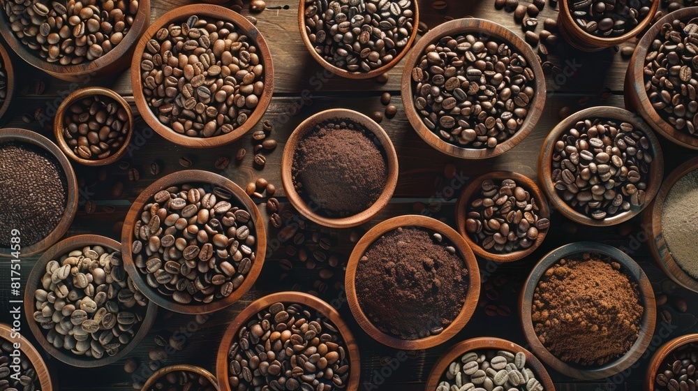 Aerial view of various coffee. Coffee background.