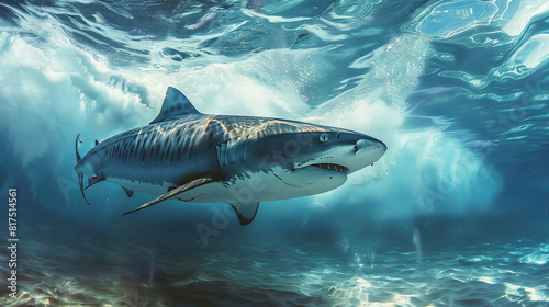 Close-up of tiger shark under clear blue rippled water surface with sunlight