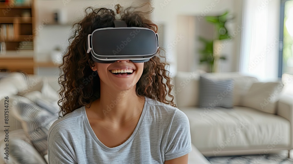 Happy joyful woman wearing VR glasses to play games, watch video on comfy white living room with copy space backgrounds Happy joyful woman wearing VR glasses to play games, watch video on comfy white living room with copy space backgrounds
