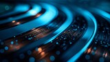 Detailed View of Vinyl Record with Blue Lighting. Detailed close-up view of a vinyl record, with blue lighting enhancing the reflective grooves and creating a mesmerizing effect.