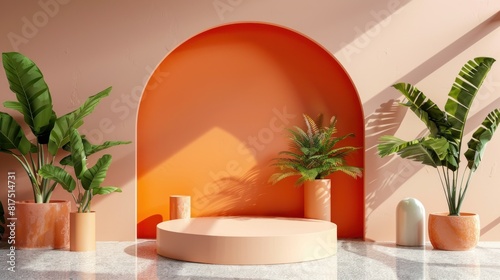 Minimalistic orange podium display for cosmetics, 