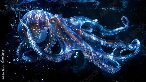 An artistically enhanced octopus with a starry, cosmic skin texture set in an underwater scene © Armin