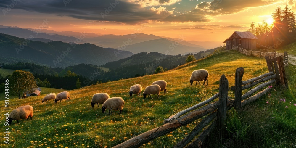 Naklejka premium Eco friendly natural organic farm with a flock of sheep grazing on the grassy hill in the mountains, near a rustic wooden fence at sunset. A shepherd's dream and rural life concept.