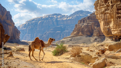 A solitary camel wanders through a vast desert environment, with towering rock formations under a blue sky with clouds photo