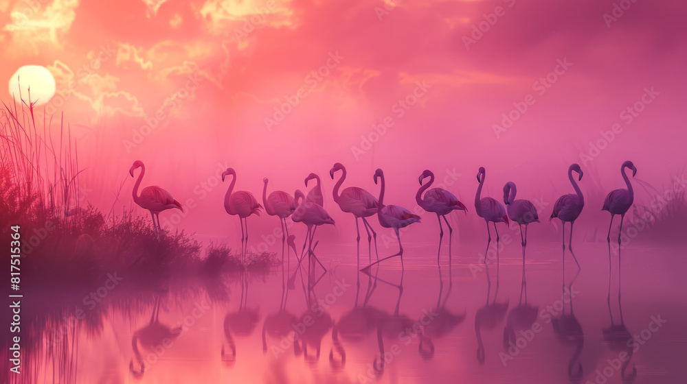 Naklejka premium Flamingos immersed in a dreamlike landscape with mist and a soft pink backdrop during sunset