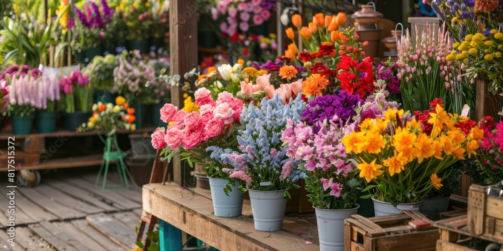Fototapeta premium Background of different flowers on wooden table in the flower shop. Beautiful flowers for catalog or online store. Floral shop and delivery concept.