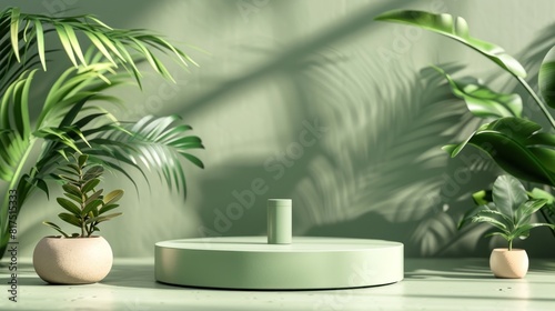 Modern green background podium for showcasing cosmetics © Chhayny