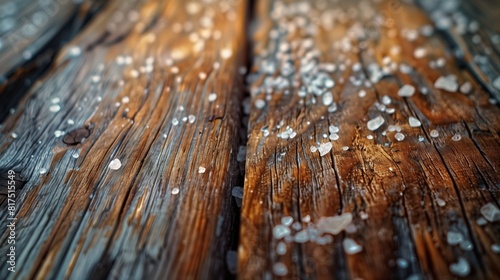 Salt Crystals Spread on Rustic Wooden Planks. Close-up of small salt crystals dispersed on rustic wooden planks, highlighting the contrast between the coarse salt and wood grain.