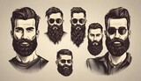 Set of bearded men faces, hipsters with different haircuts mustaches beards skull. Silhouettes emblems icons labels. vector illustration.Generative AI