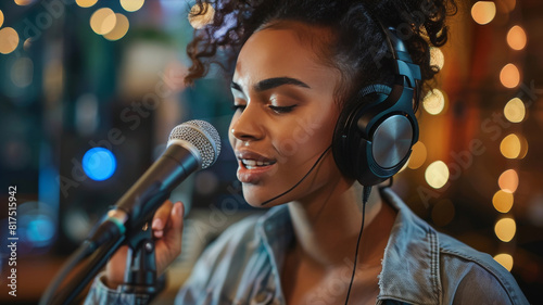 Engaged Radio Host: Young Woman with Headphones Recording a Podcast in Studio photo