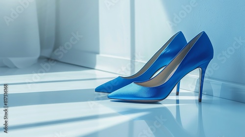 Sepatu hak tinggi berwarna biru terang dengan latar belakang dinding dan lantai yang minimalis photo
