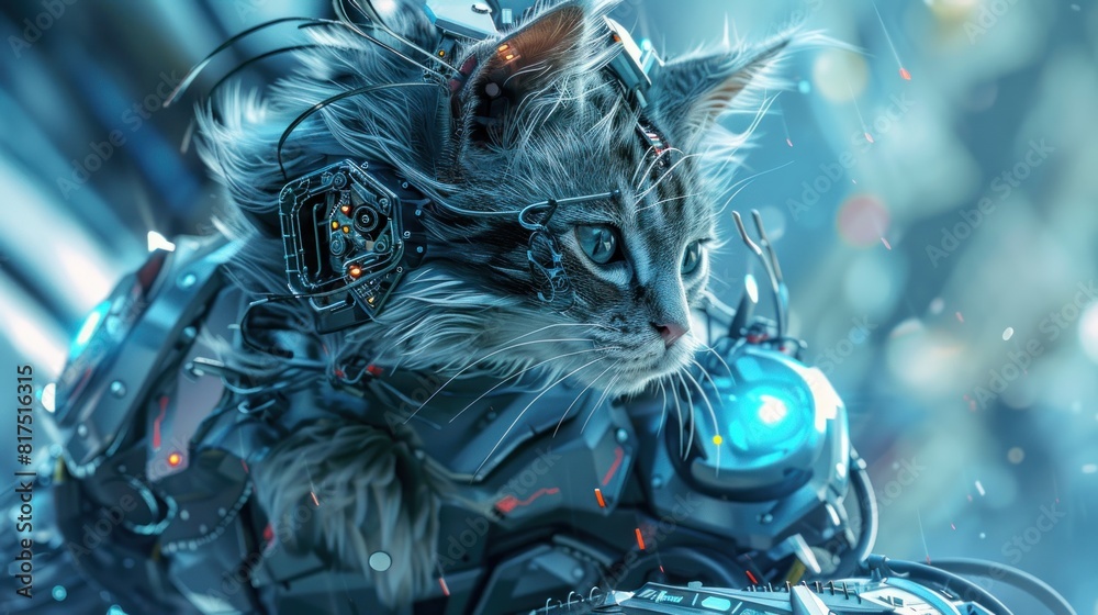 Fantasy warrior cat in cyberpunk style cyborg armor. Stock Illustration ...