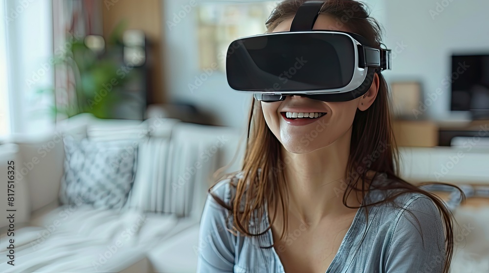 Happy joyful woman wearing VR glasses to play games, watch video on comfy white living room with copy space backgrounds Happy joyful woman wearing VR glasses to play games, watch video on comfy white living room with copy space backgrounds