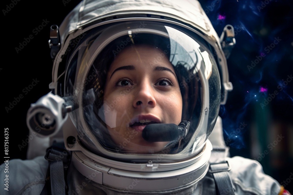 Female Astronaut Looking At Earth From Space A close up head and shoulders image of a young mixed race female astronaut on a spacewalk, looking with wide eyes and open mouth in awe at earth 