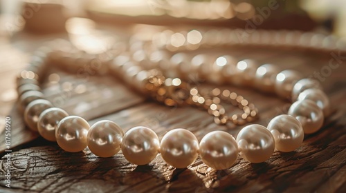 Elegant pearl necklace with soft sunlight reflections on wooden table