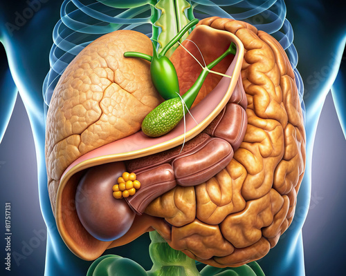Detailed photograph of a human gallbladder, showing the cystic duct and gallstones, with emphasis on the mucosa. photo