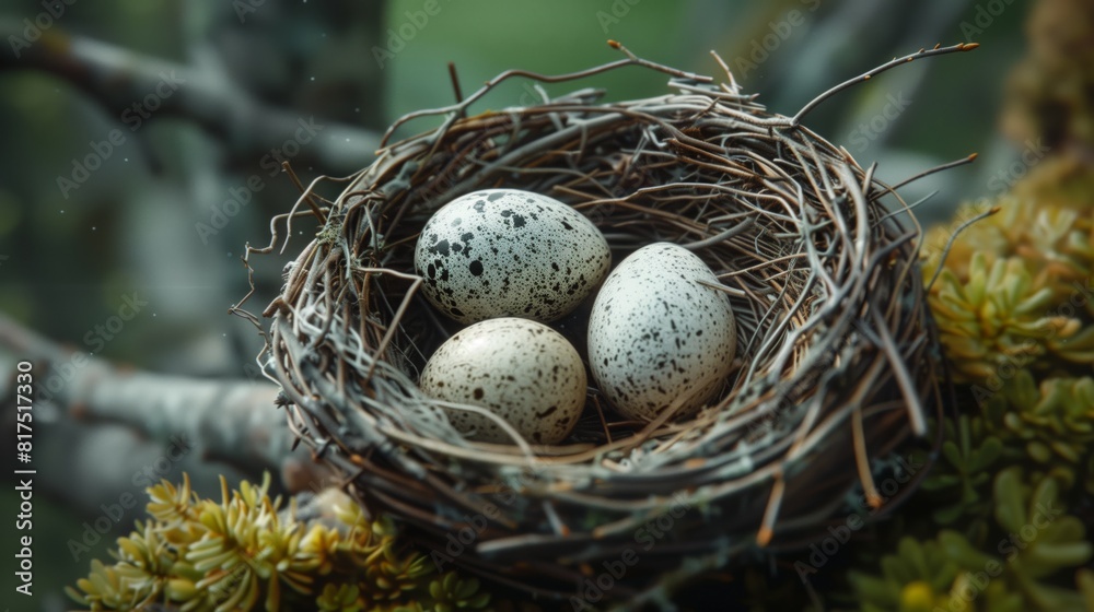 Close-Up of Bird Nest with Three Eggs. Detailed close-up of a bird's nest with three speckled eggs, nestled among branches with green leaves in the background. Close-Up of Bird Nest with Three Eggs. Detailed close-up of a bird's nest with three speckled eggs, nestled among branches with green leaves in the background.