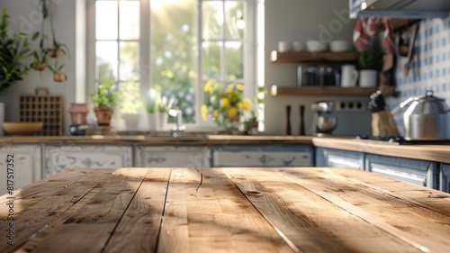 Elevate your product presentation with a beautiful classic kitchen scene  featuring a wooden table near a window with bokeh background.