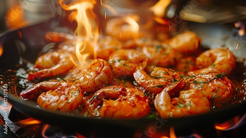 Shrimps cooking in a pan with flames and spices creating a mouthwatering culinary scene