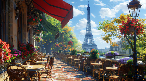 Outdoor café terrace with Eiffel Tower view on a sunny day in Paris