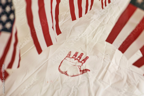 Memorial Day banner with a child's handprint in a close-up view, framed by waving American flags in the background, creating a heartfelt patriotic tribute. photo