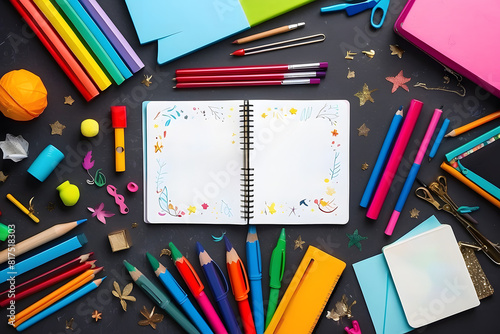 Top view of school supplies with New Year message. Artistic tools for crafts, Design