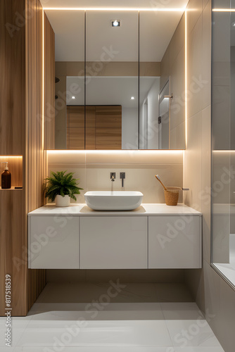 Contemporary Modern Bathroom with Minimalist Design and Warm Lighting