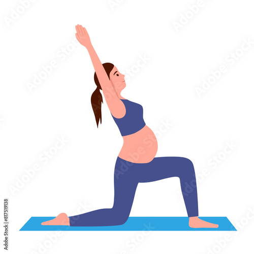 Pregnant woman exercising in flat design. Pregnant female yoga and fitness for healthy and relaxation.