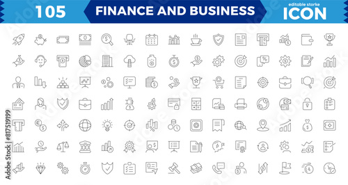 Finance and business line icons collection. Big UI icon set in a flat design. Thin outline icons pack. Linear icon collection. Editable stroke. Vector illustration