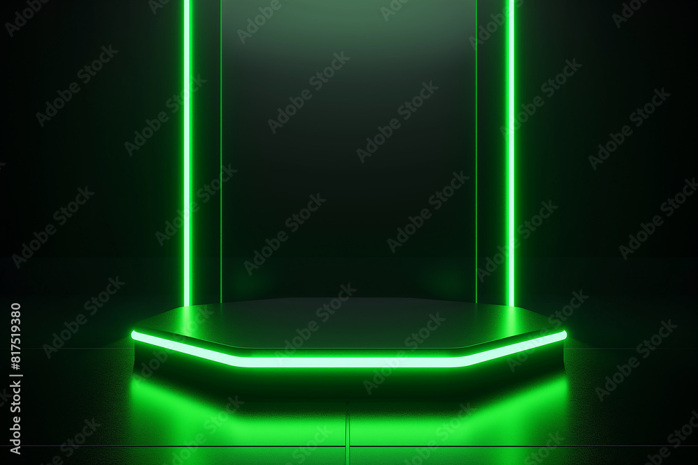3D rendering of a green glowing neon light triangle on a black background with a floor reflection. 3D rendering of a green glowing neon light triangle on a black background with a floor reflection.
