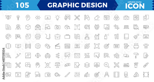 Pixel Perfect Set of thin line icons of graphic design. Simple linear icons in a modern style flat, Creative Process. Graphic design, creative package, stationary, software and Editable stroke