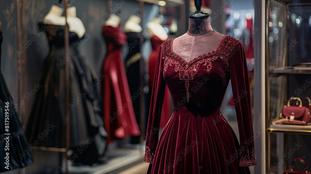 luxurious velvet evening gown in deep burgundy, displayed on a mannequin in a high-end fashion showroom, capturing the opulence and glamour of red carpet events and gala