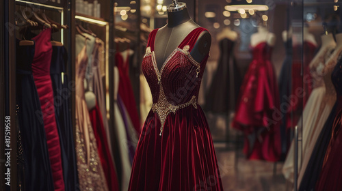 A luxurious velvet evening gown in deep burgundy, displayed on a mannequin in a high-end fashion showroom, capturing the opulence and glamour of red carpet events and gala
