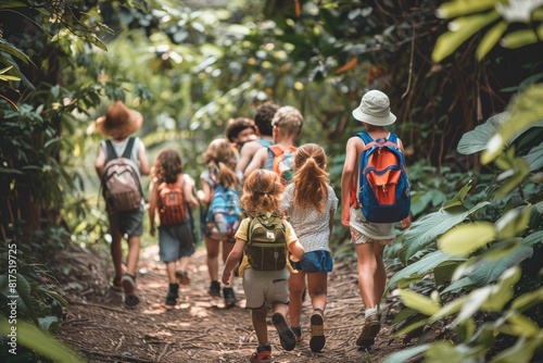 Group of tourists with backpacks hiking in tropical forest. Back view.