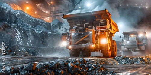A coal mine at night with a large dump truck loading coal. Concept Coal Mining at Night, Dump Truck, Industrial, Energy Production, Mines and Minerals photo