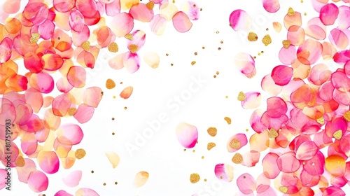 Watercolor illustration of pink petals gently falling on a white background, copy space