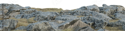 Landscape of  Rock and stone on the grass field in summer with isolated on transparent background. PNG file, 3D rendering illustration, Clip art and cut out

