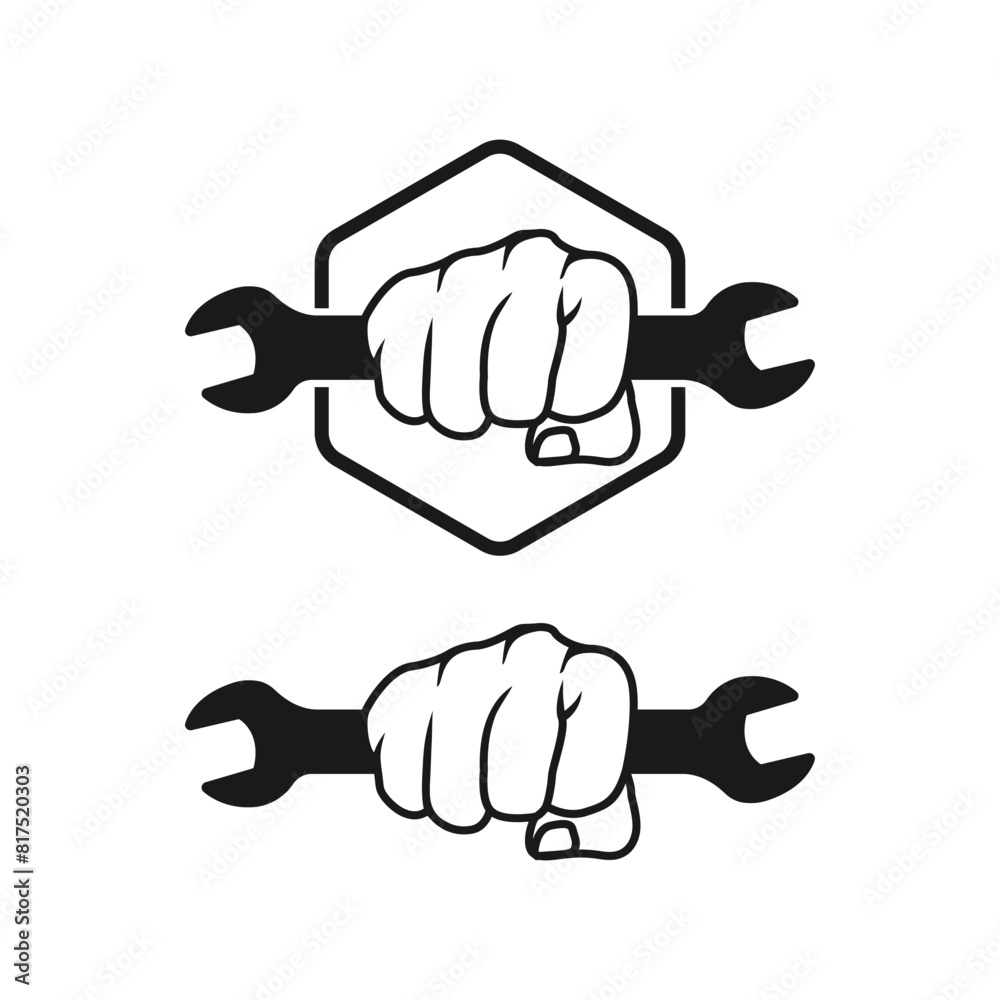 Car repair. Fist with wrench. Design element for logo, emblem, sign, poster, t shirt. Car repair. Fist with wrench. Design element for logo, emblem, sign, poster, t shirt.