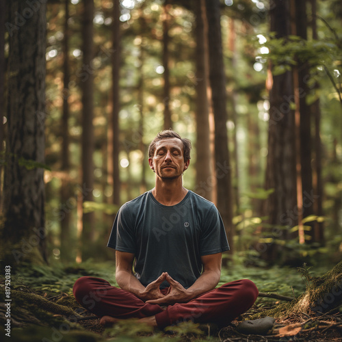 Caucasian man practicing meditation in a park 