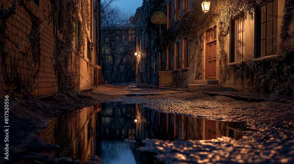 A quiet back alley in a city at night, with puddles reflecting the sparse light from nearby windows and street lamps, and walls covered with dark ivy. 32k, full ultra HD, high resolution