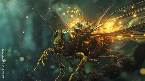 A bug with glowing eyes is shown in a green forest. The bug is surrounded by a lot of light, which makes it look like it's glowing. The image has a surreal and dreamlike quality to it photo