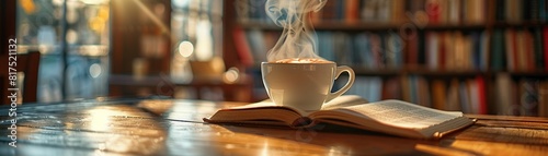 Capture the cozy charm of a literary cafe through a close-up shot of a steaming cup of coffee with a book in the background Use warm, inviting tones to draw viewers into the serene atmosphere