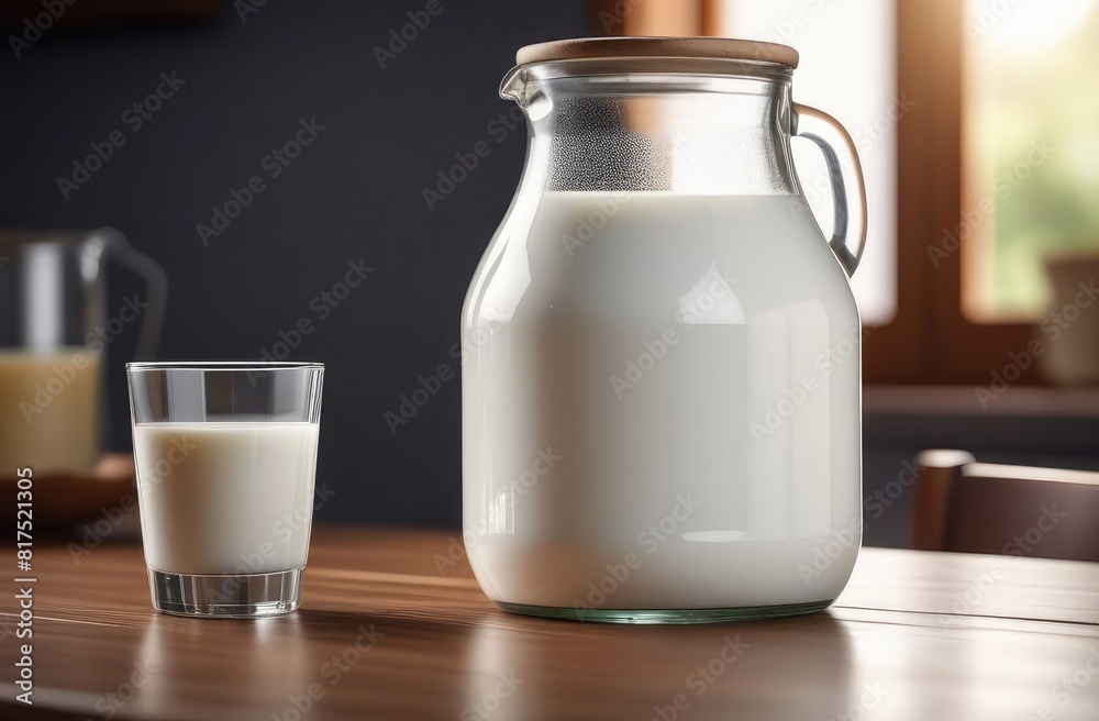 Milk in a glass and a bottle stands on the table in a modern kitchen Milk in a glass and a bottle stands on the table in a modern kitchen