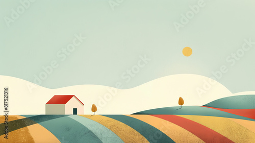 Minimalist farm autumn season abstract with a few geometric shapes,  copyspace, Beautiful rural area, Agricultural landscape