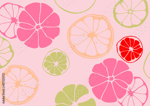 Stylized illustration of citrus fruit slices in white on a bold, bright red background, featuring varying sizes and shapes scattered across the image.