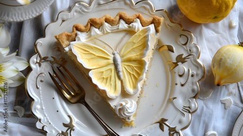 A white cake with a butterfly decoration sits on a white plate on a table. The cake is surrounded by a white frosting and is placed on a white tablecloth. The table setting includes a fork, a knife
