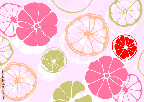 Stylized illustration of citrus fruit slices in white on a bold, bright red background, featuring varying sizes and shapes scattered across the image.