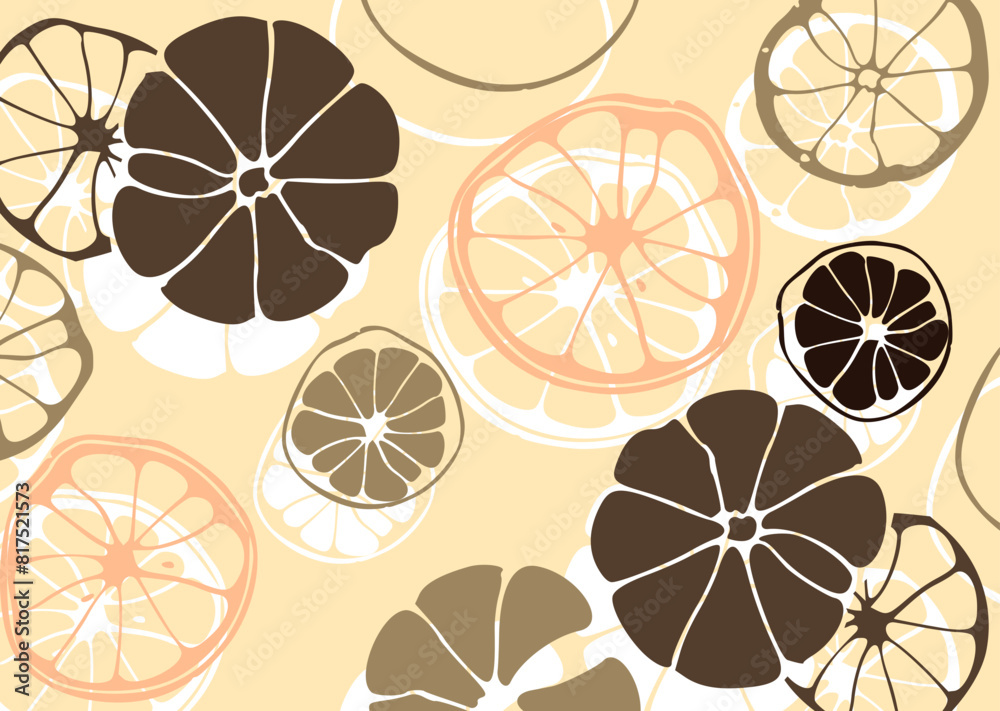 Stylized illustration of citrus fruit slices in white on a bold, bright red background, featuring varying sizes and shapes scattered across the image.