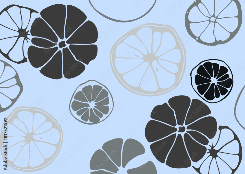 Stylized illustration of citrus fruit slices in white on a bold, bright red background, featuring varying sizes and shapes scattered across the image.